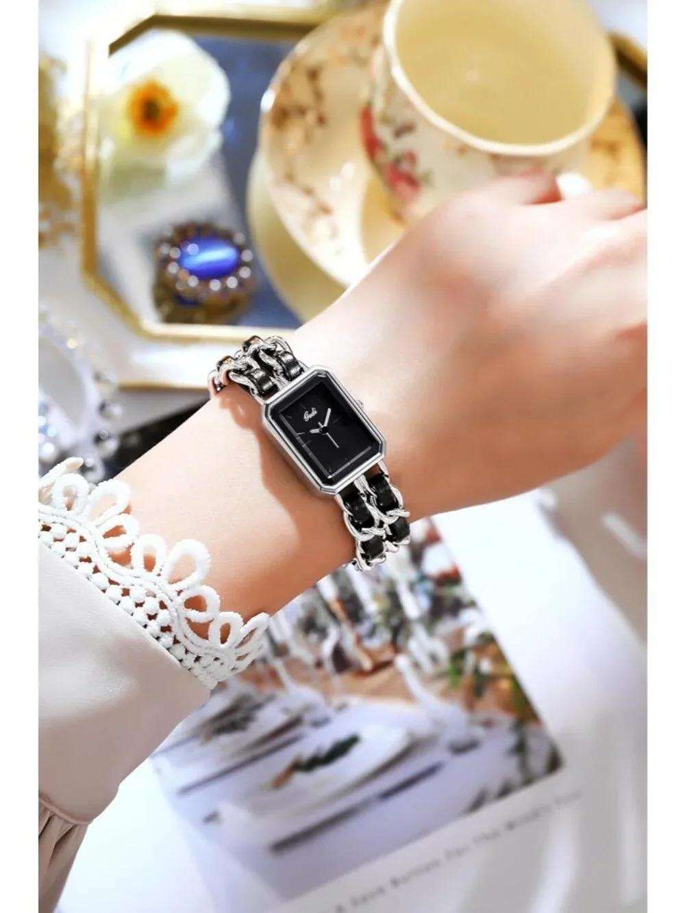 Women's Silver Square Adjustable Chain Braid Band Quartz Retro Wrist Watches